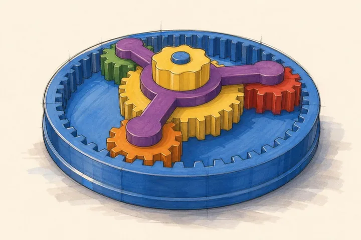 A marker sketch of the planetary gear desk toy forge: a blue ring gear holding a yellow sun, a purple three-arm carrier and three colored planet gears