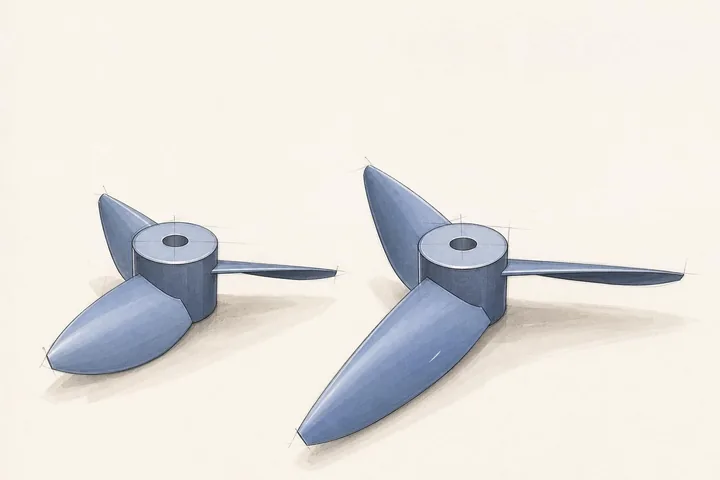 A marker sketch of two three-blade propellers from the same forge, one with short blades and one with long, under a Blade Length slider set to 70 mm